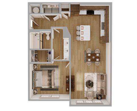 Floor plan for 1 bed, 1 bath, 817 sqft